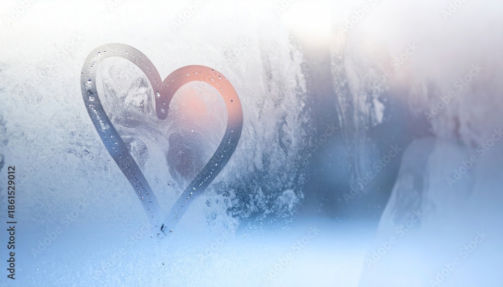 Fototapeta premium Heart drawn on a frosty window pane with winter landscape.
