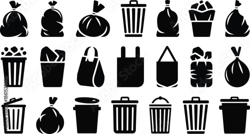 black silhouette icons of garbage bags and trash cans for waste management
