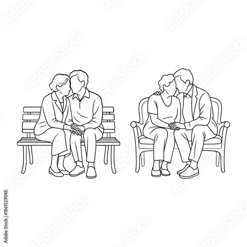 Couples sharing intimate moments on benches