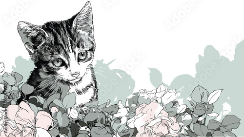 Cute Kitten and Flowers Vector Illustration for Designs and Projects