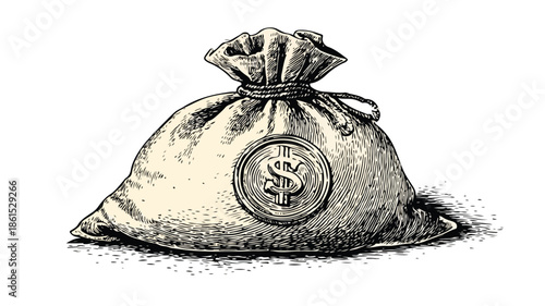 Illustration of Money Bag with Dollar Coin, Finance, Wealth, Investment Concept