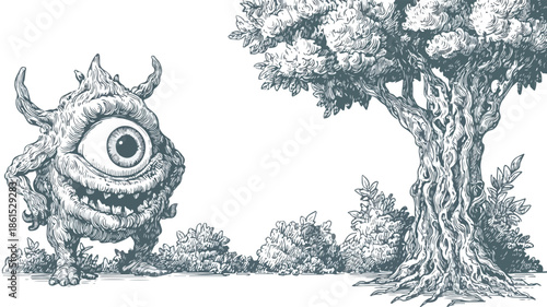 Sinister Monster Illustration with Tree Background for Design Projects