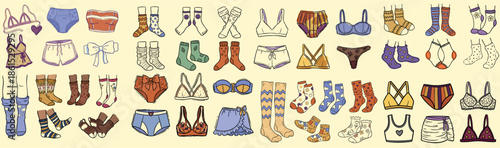 Hand drawn flat design seamless pattern of colorful lingerie icons arranged in grid featuring bras panties bikinis straps and accessories on beige background close up texture