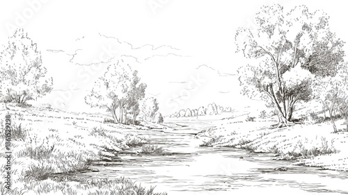 Scenic River Drawing with Trees in Background