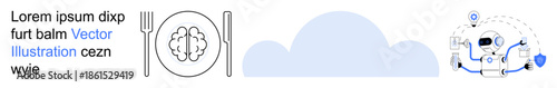 Artificial intelligence, brain health, cloud computing, digital transformation, cognitive science, cybersecurity. A brain on a plate, a cloud and a robotic head with tech symbols. Artificial