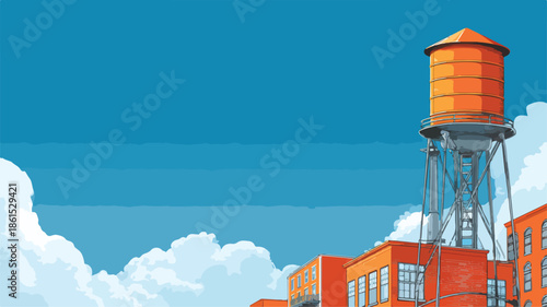 Industrial Factory with Water Tank Against Blue Sky Background