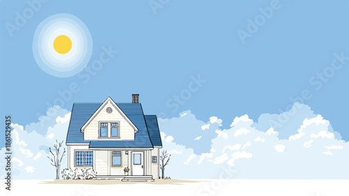 Modern House with Blue Roof and Clear Blue Sky Vector Illustration