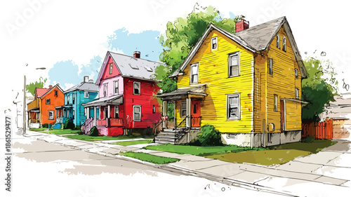 Vibrant Painting of Colorful Houses in Suburban Neighborhood