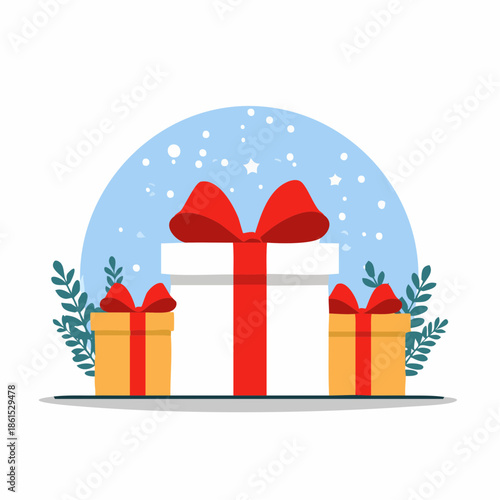 Festive gift boxes with red ribbons against a snowy blue background display joy and happiness