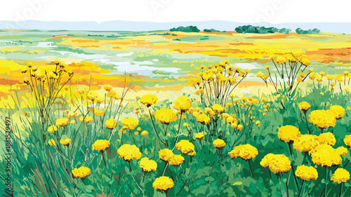 Vibrant Field Painting of Yellow Flowers and Field of Yellow in Bloom