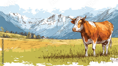 Graceful Cow Grazing in Mountainous Pasture Landscape