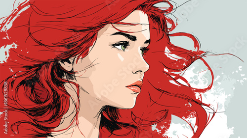 Stylish Woman with Red Hair and Red Hair Vector Outline Isolated