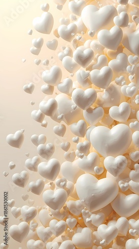 Composition of glossy white 3D hearts floating against a soft cream background