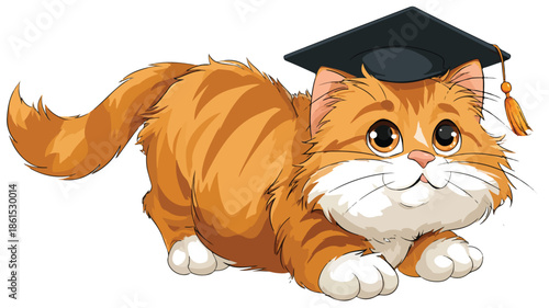 Cute Cartoon Graduate Cat with Outline on White Background Vector