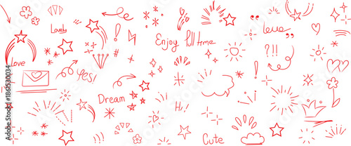 Collection of charming hand drawn doodle elements featuring stars hearts and sweet inspirational handwritten words scattered across a white background.