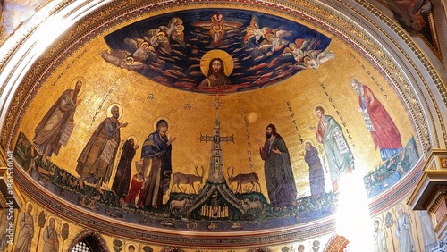 Rome, Italy – 14 January 2025. In San Giovanni in Laterano, a golden apse mosaic features Christ above a cross, flanked by saints, Mary, and John the Baptist, with symbolic animals and lush ground