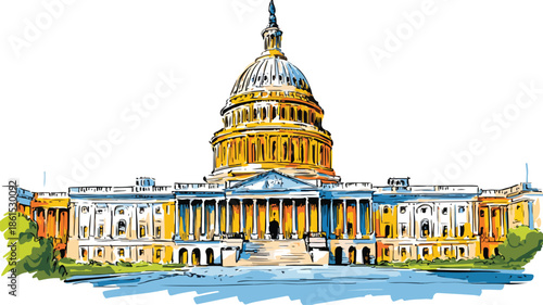 Vibrant US Capitol Building Cartoon Vector Illustration