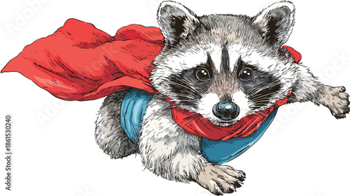 Superhero Raccoon in Cute Vector with Outline for Graphic Design Projects