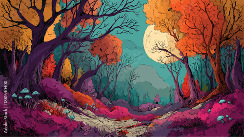 Enchanting Mysterious Autumn Forest with Vibrant Colors and Shadows