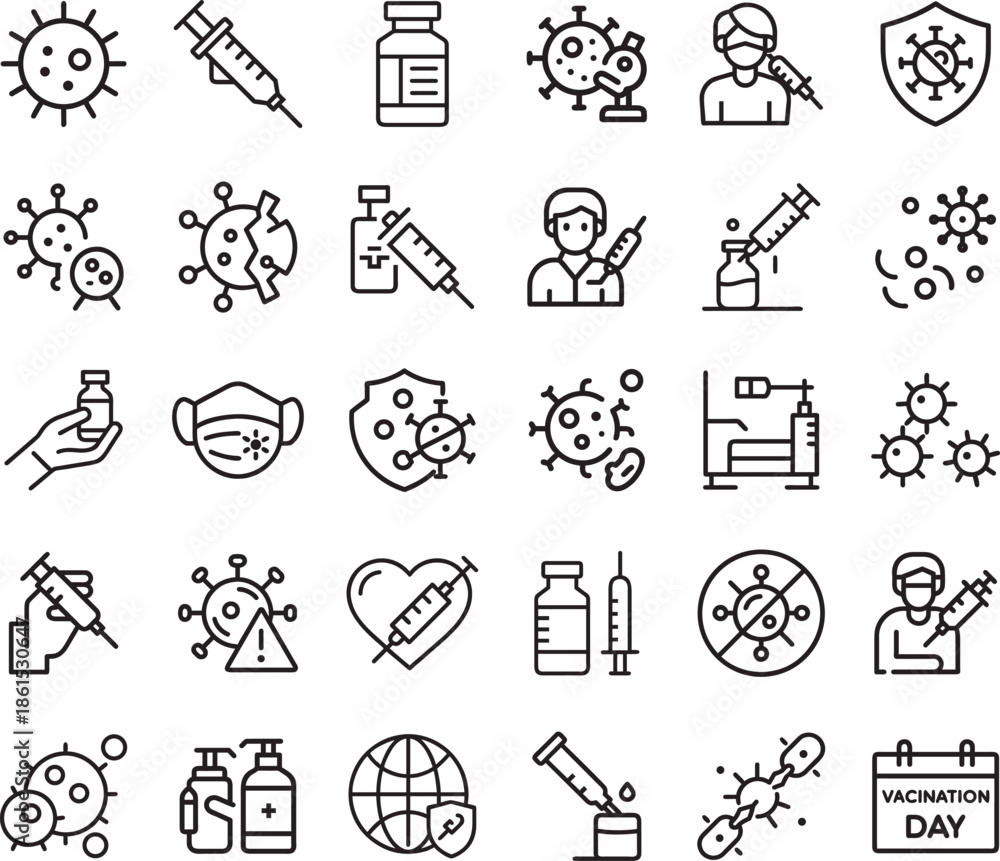 Fototapeta premium Collection of black line icons depicting COVID-19 pandemic and vaccination