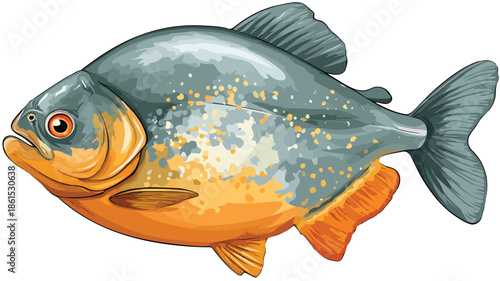 Colorful Piranha Fish Cartoon Vector with Outline on White Background