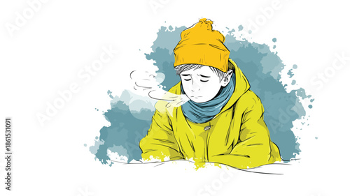 Sick Boy Shivering Vector Outline Isolate Photo