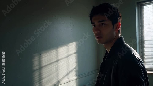 Worried Asian man looks around in suspenseful room with dramatic window light.
