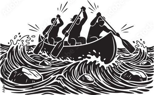 Three paddlers courageously navigate through turbulent white water rapids in a canoe