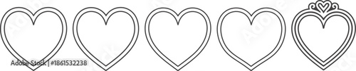 row of five heart outline icons with decorative crown element on white background, romantic rating and love symbol set