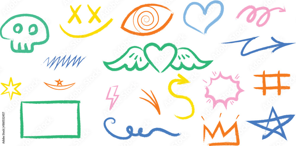 Obraz premium Colorful doodle icons set including silhouette