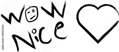 Hand drawn text 'wow nice' with a heart silhouette