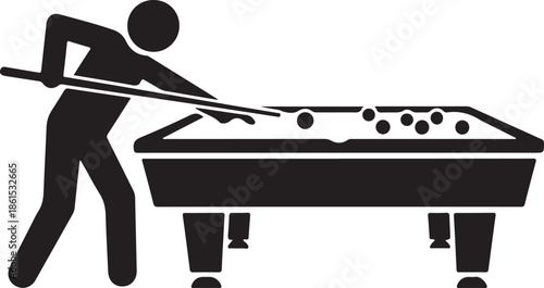 A person playing pool, bending over the billiard table and aiming with a cue stick