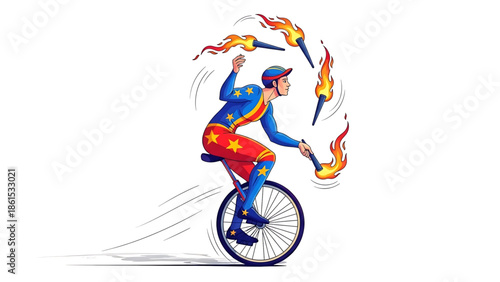 A cartoon performer rides a unicycle while juggling flaming torches with skill and precision.