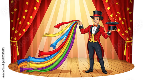 A cartoon magician performing on a stage with colorful ribbons and a top hat