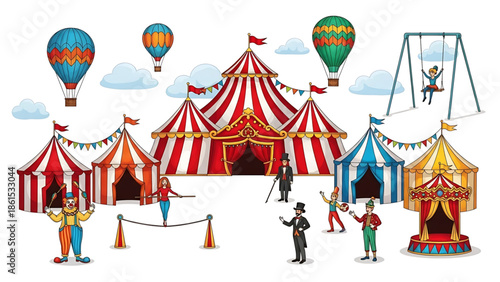 A vibrant illustration of a lively circus scene with colorful tents and performers