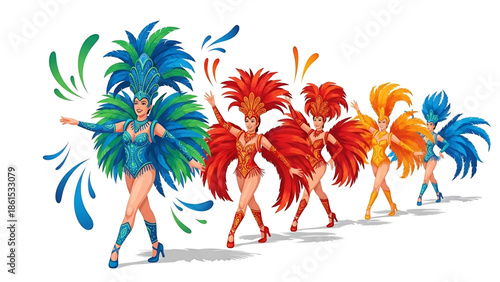 A group of colorful dancers wearing elaborate feather costumes and performing in a lively show