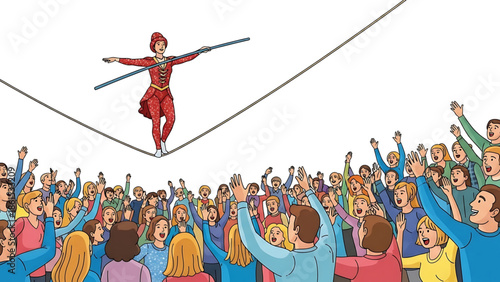 A cartoon tightrope walker balancing above a cheering crowd of people