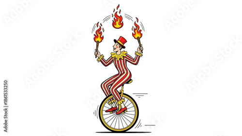 A cartoon performer rides a unicycle while juggling flaming torches with skill and precision.