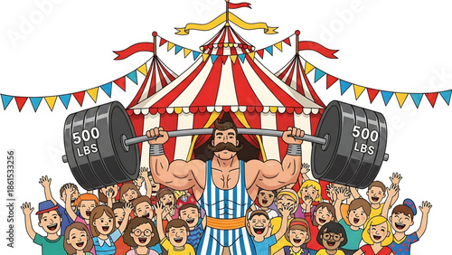 A muscular man lifting heavy weights in front of a cheering crowd at a colorful circus festival