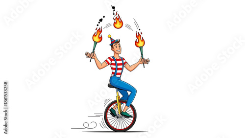 A cartoon performer rides a unicycle while juggling flaming torches with skill and precision.