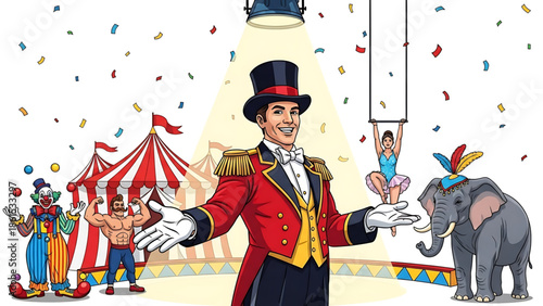 A cartoon illustration of a ringmaster in a red coat at a colorful circus with performers and an elephant