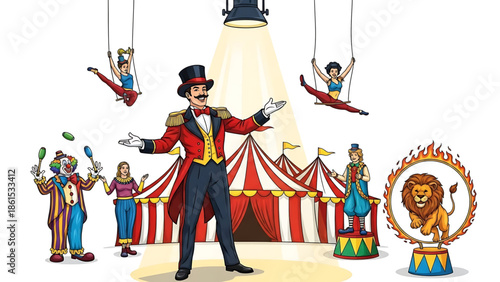 A colorful illustration of a circus ringmaster and performers in a vibrant circus setting