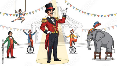 A colorful illustration of a circus ringmaster and performers in a vibrant circus setting