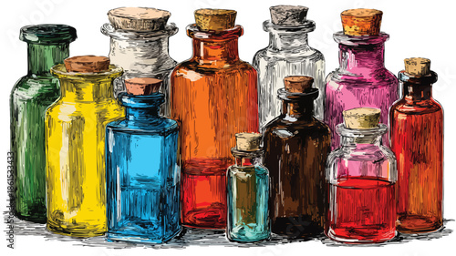 Professional Drawing of Medicine Bottles and Vials for Healthcare Concepts