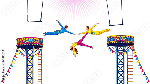 Three acrobats jumping between two colorful towers with flags and a bright sun in the background