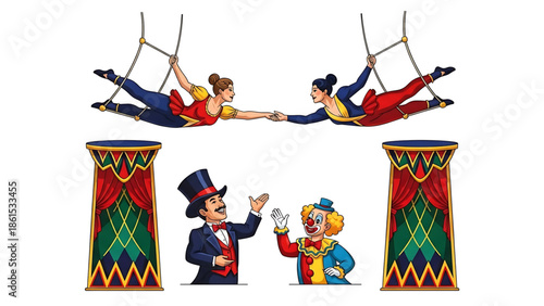 A colorful illustration of a circus scene with acrobats and a ringmaster