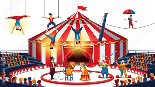 A vibrant circus scene with performers and animals in a colorful tent