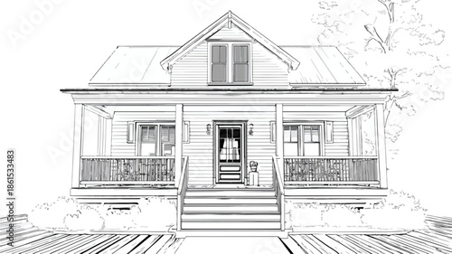 House Drawing with Front Porch and Porch Vector Illustration