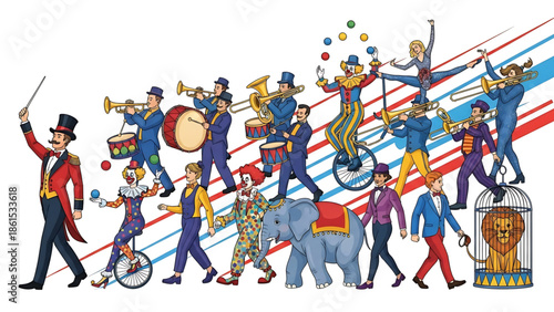 A colorful illustration of a lively circus parade with performers and animals