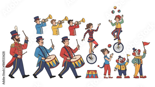 A colorful illustration of a lively circus parade with performers and musicians